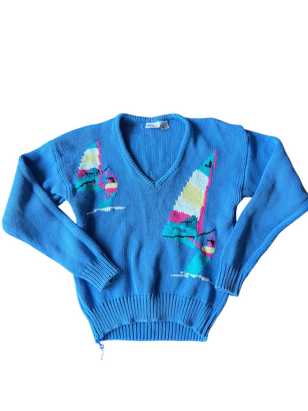Bright Blue V-Neck Sweater with Sailboat Motif Vintage 100% Cotton